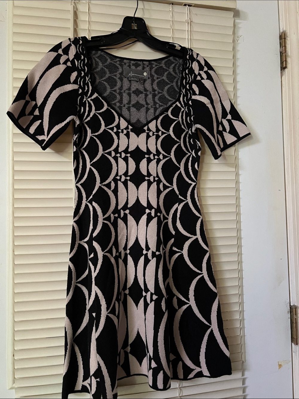 Anthropologie Black and Light Pink Geometric Knit Dress. Size XS